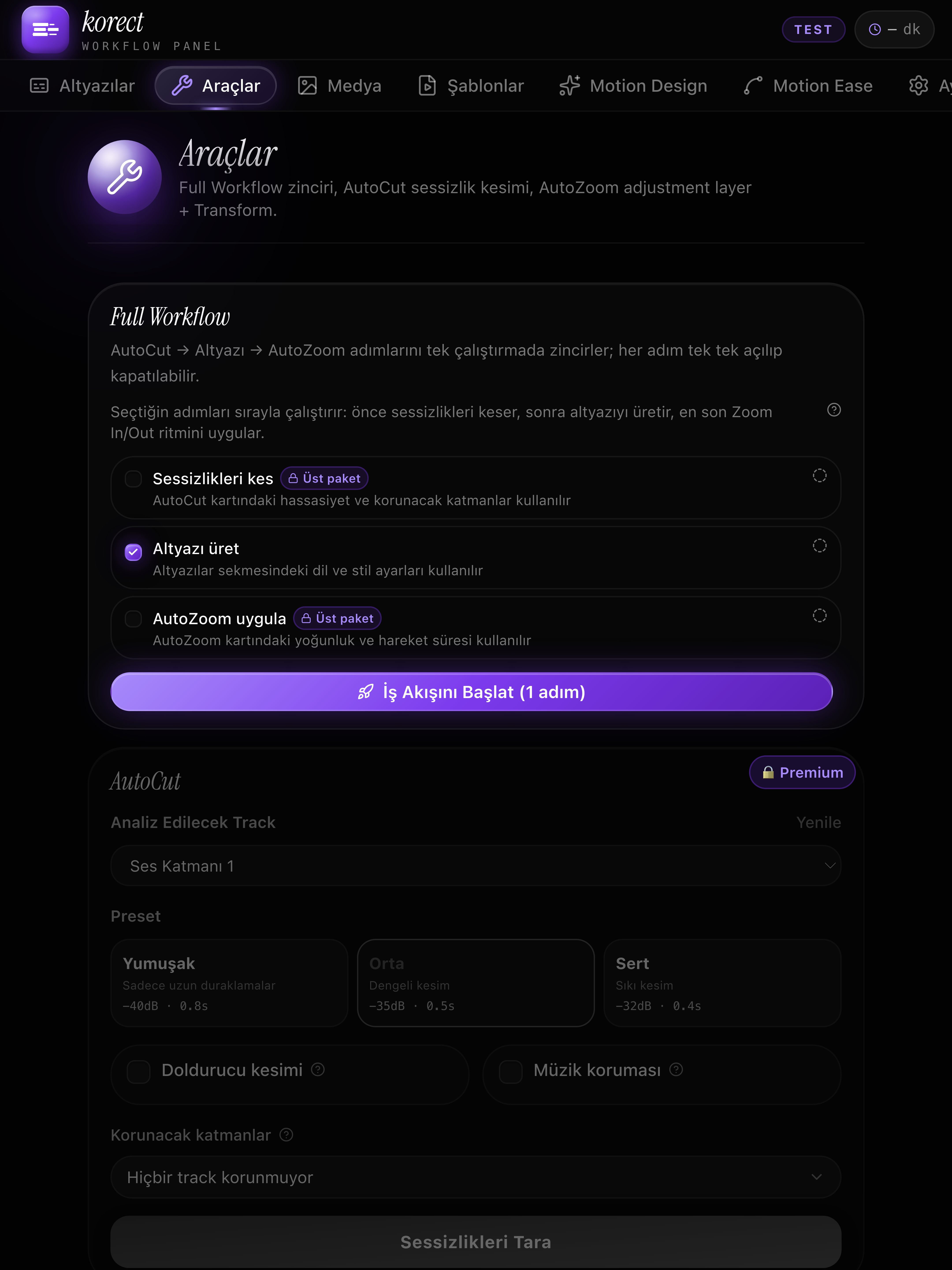 korect Premiere Pro panelinin yüksek çözünürlüklü gerçek 3:4 Araçlar ekranı; Full Workflow, AutoCut ve AutoZoom kontrolleri